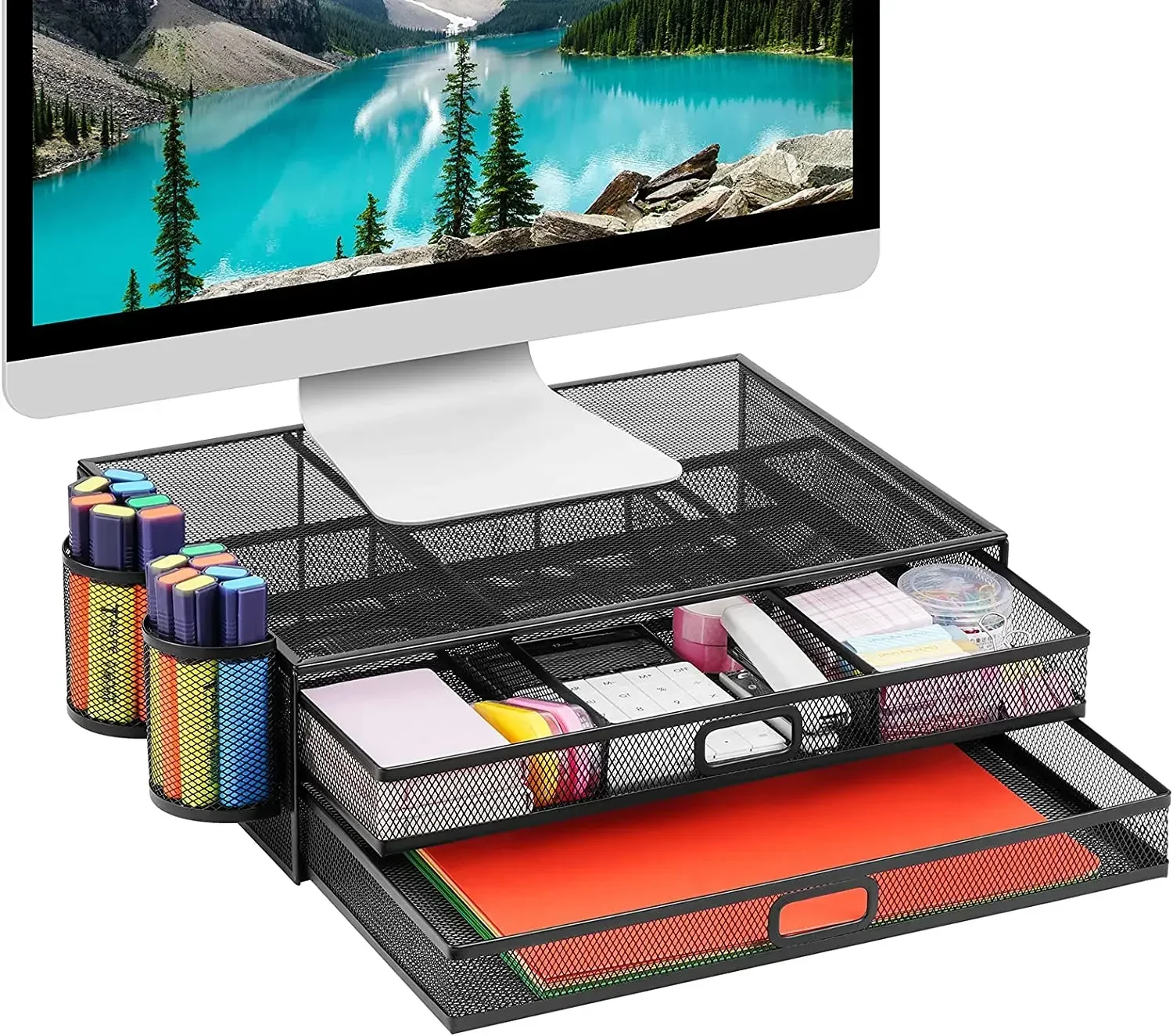 

Подставка для монитора с выдвижным ящиком — сетчатый металлический настольный органайзер, подставка для ноутбука с двойным выдвижным ящиком для хранения