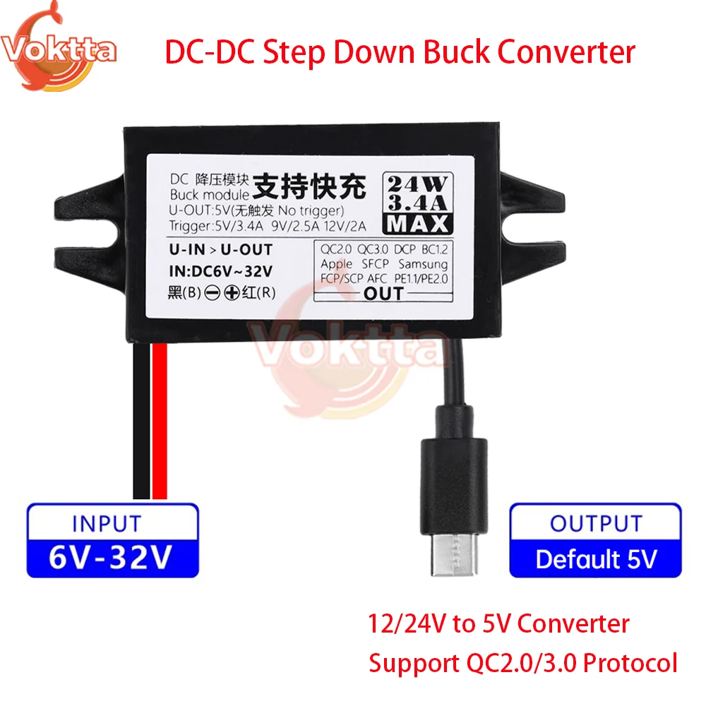 DC 6-30V 24W DC-DC Step Down Buck Converter Power Supply Module 12/24V to 5V Converter USB Type-C Fast Charging Power Adapter