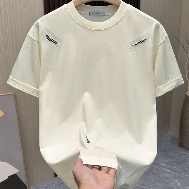 

Patch Striped Print Short Sleeve Men O Neck T Shirts Cotton Couple Fashion Casual All-match Summer Clothing Black White Apricot