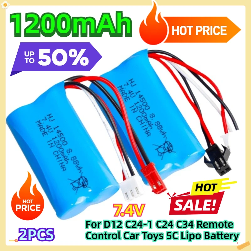 7.4V 1200mAh 2pcs For D12 C24-1 C24 C34 Remote Control Car Toys 5C Lipo Battery