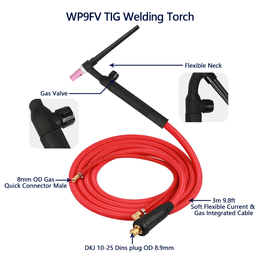 WP9FV 120A TIG Welding Torch 3m/4m Soft Hose Gas Tungsten WP9 Argon Air Cooled Flexible Valve 10-25 8mm Quick Connector Welder