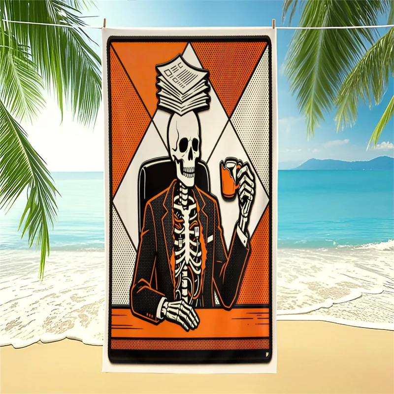 Summer Gothic Office Skeleton Beach Towel Cartoon Skull Worker Print Swim Towel Quick Dry Portable Travel Bath Towels Decor Gift