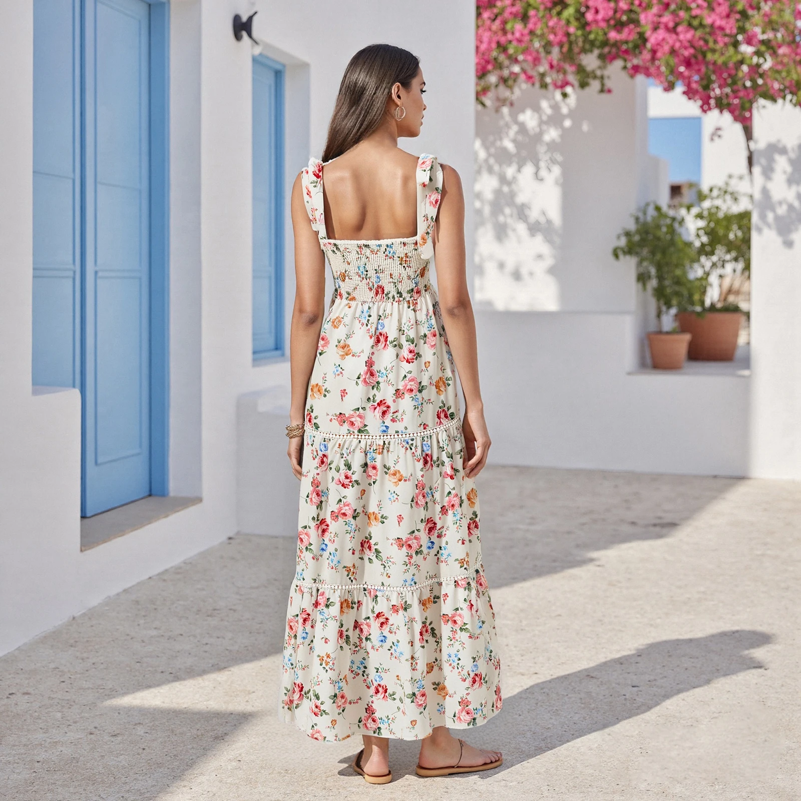 Nowa damska letnia sukienka bez rękawów Casual Tie Up Straps Floral Print A-Line Party Dress For Vacation Cocktail Streetwear S M L