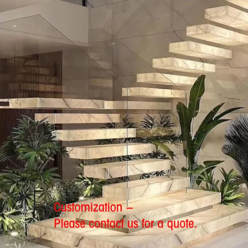 custom.Indoor Minimalist Modern Style Straight Floating Stairs with Stone Treads and Glass Balustrade