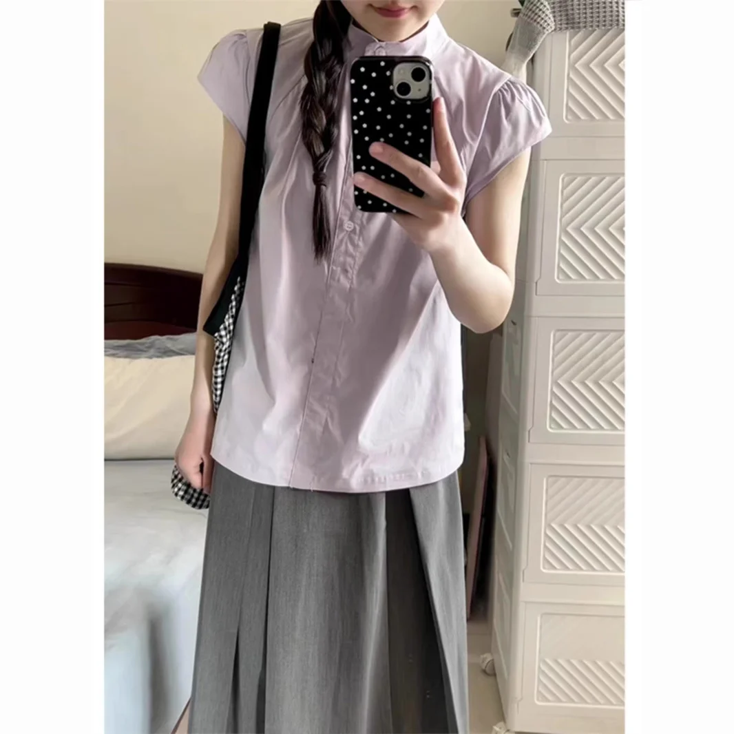 

Short Sleeve Shirts Womens Poplin Patchwork Pintuck Slim Fit Light Luxury Minimalist Modern Artistic Student Chic Classic Short