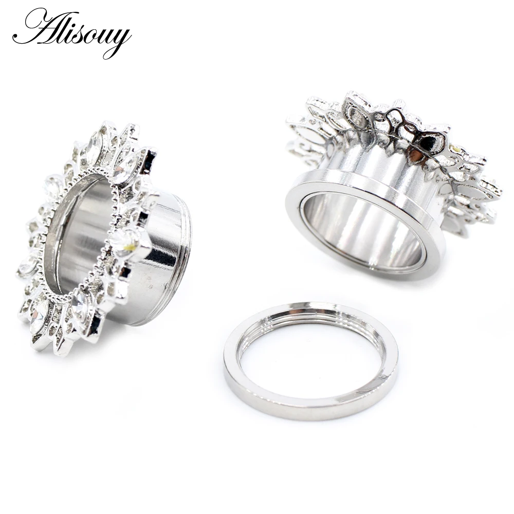Alisouy 2 Stück Edelstahl Blume Zirkonia Mond Stern Uhr Herz Schraube Ohr Tunnel Plugs Expander Messgeräte Körper Piercing Schmuck – Detail 15