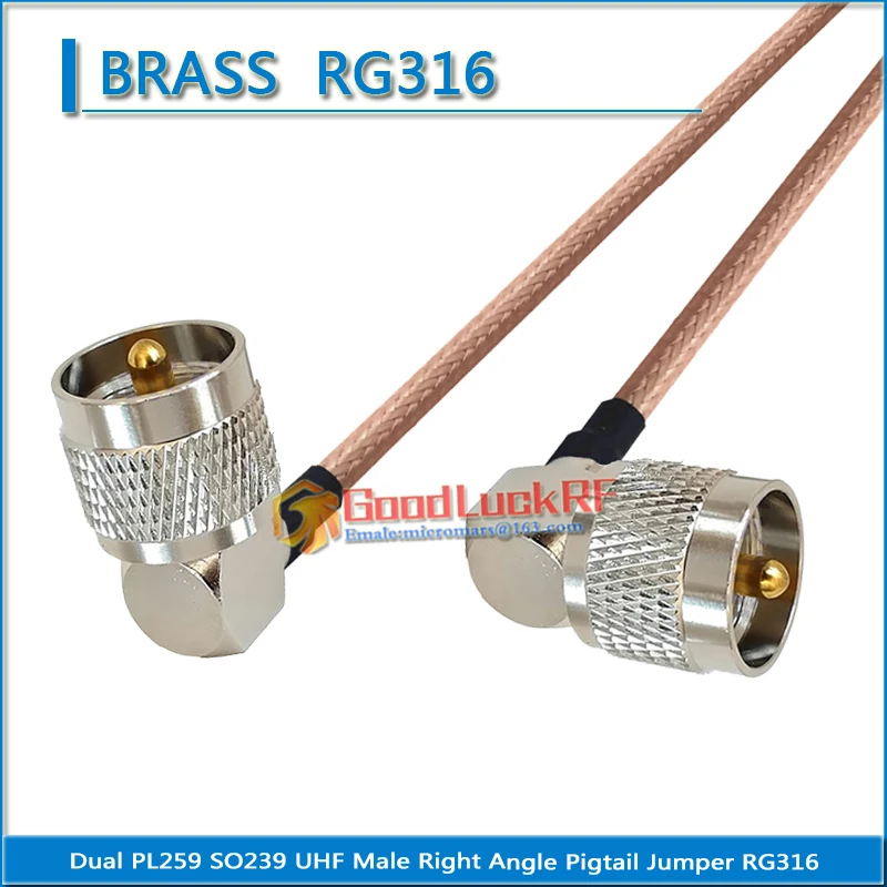 

Dual PL259 SO239 UHF Male Right Angle to UHF Male 90 Degree Pigtail Jumper RG316 extend Cable low loss