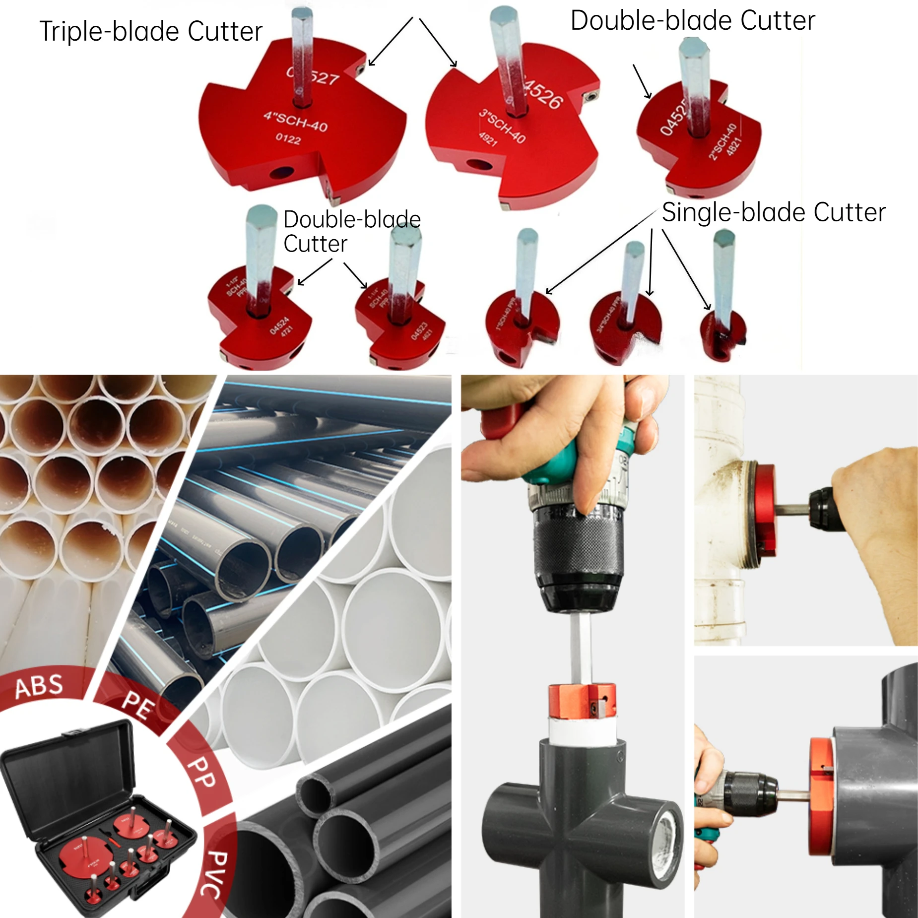 Le kit d'alésoir pour tuyaux en PVC contient 3/4",1",1-1/4",1-1/2",2",3',4" pour outil de plomberie à économie de douille de tuyau SCH40 convient aux perceuses Standard de 1/2"