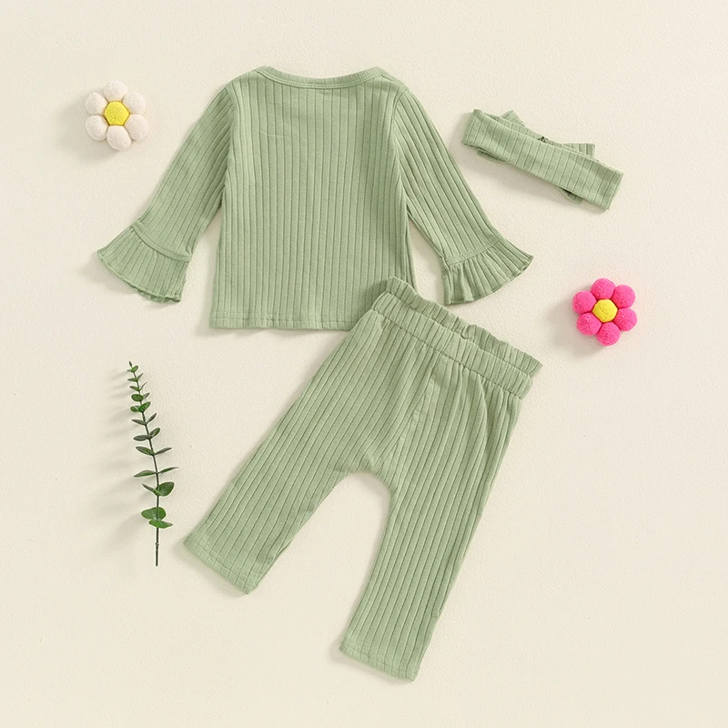 SUNSIOM 3PCS Toddler Girls Fall Clothes Sets Long Sleeve Round Neck Solid Color Tops Flared Pants Headband Sets