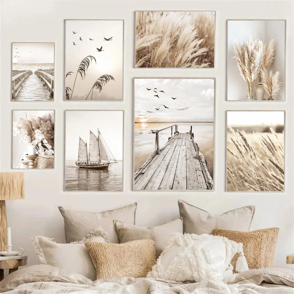 

Beige Grass Flower Reed Canvas Painting Sunset Birds Bridge Wall Art Poster Boat Print Nordic Wall Pictures Living Room Decor