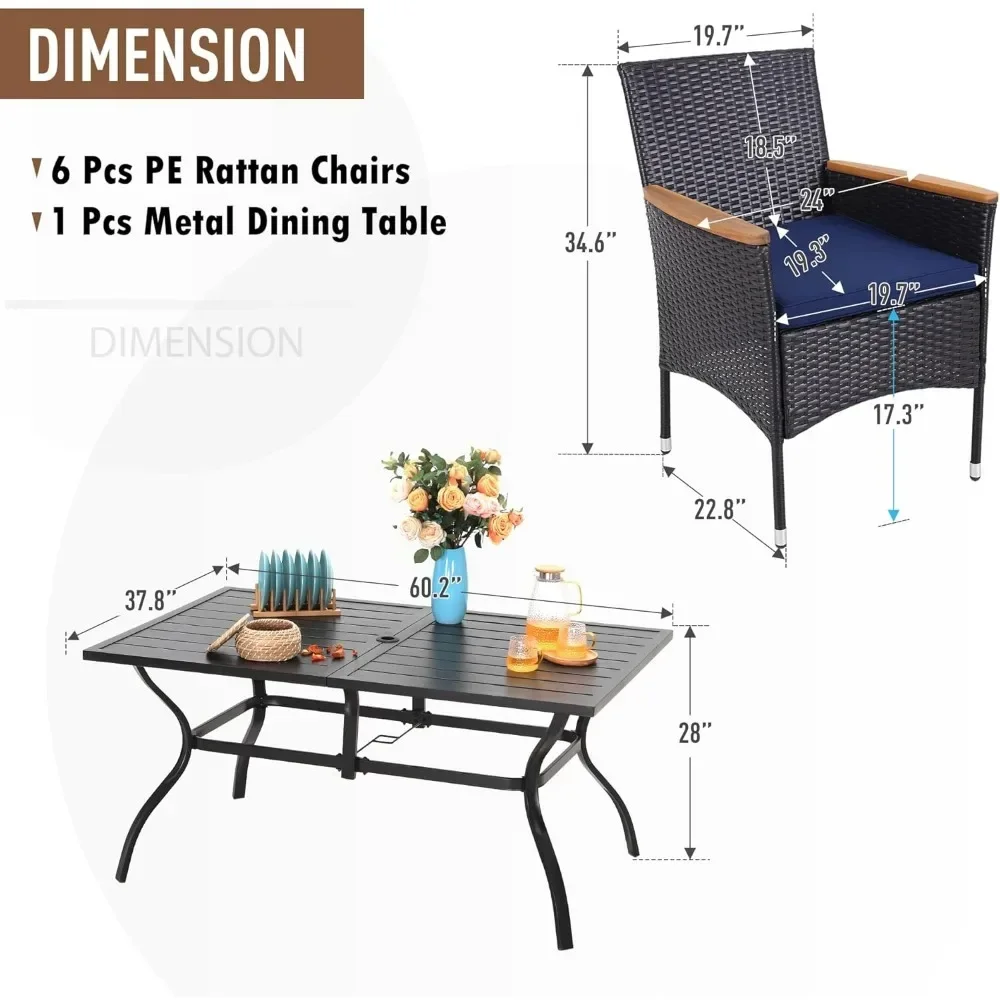 Conjunto de jantar de pátio de 7 peças, conjunto de jantar para todos os climas para 6, conjunto de mesa e cadeiras de pátio, mesa retangular ao ar livre e cadeiras de vime