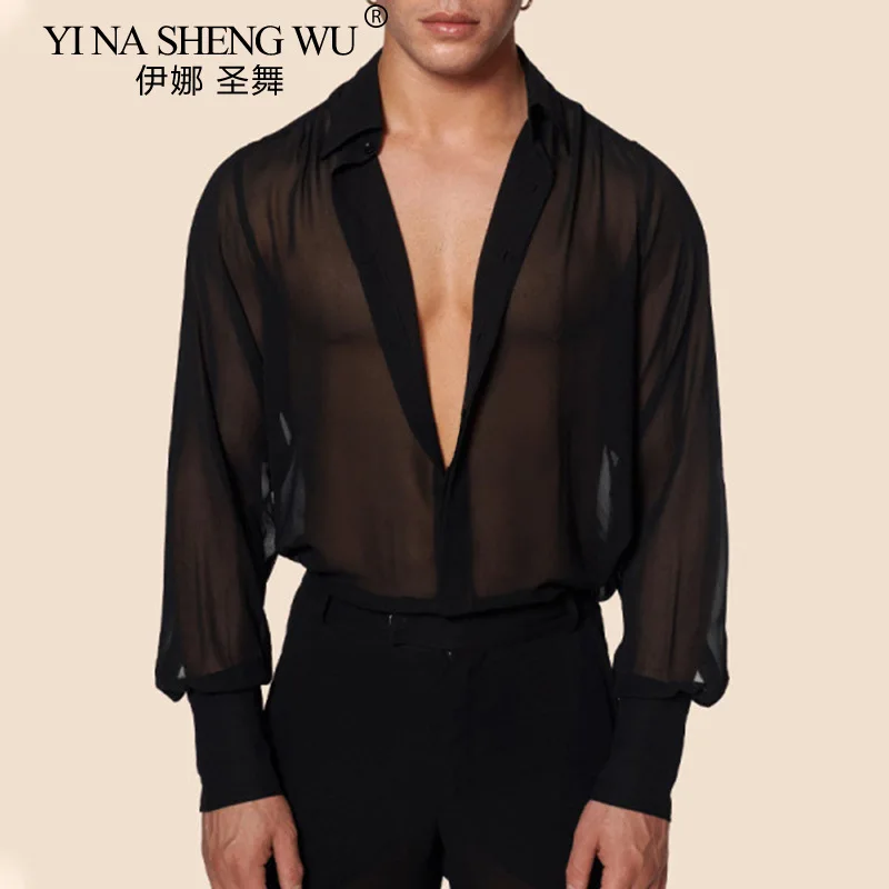 Men's Latin Dance Top Black Thin Breathable Casual Top Men's Sexy V-neck Long Sleeves Turn-down Collar Single-Breasted Shirt