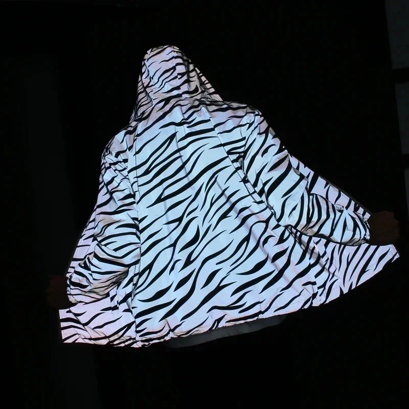 Men\'s Leopard Zebra Reflective Night Shining Hooded Windbreaker Jacket Streetwear Hip Hop Harajuku Waterproof Hoodie Coats Male