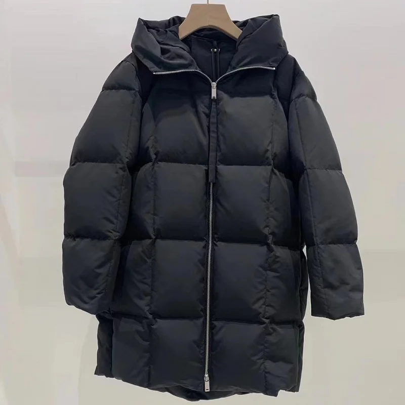 Female Warm Winter 2022 New in Medium Length Long Loose Casual 90 White Duck Down Hooded Feather Puffer Coats Down Jacket Women