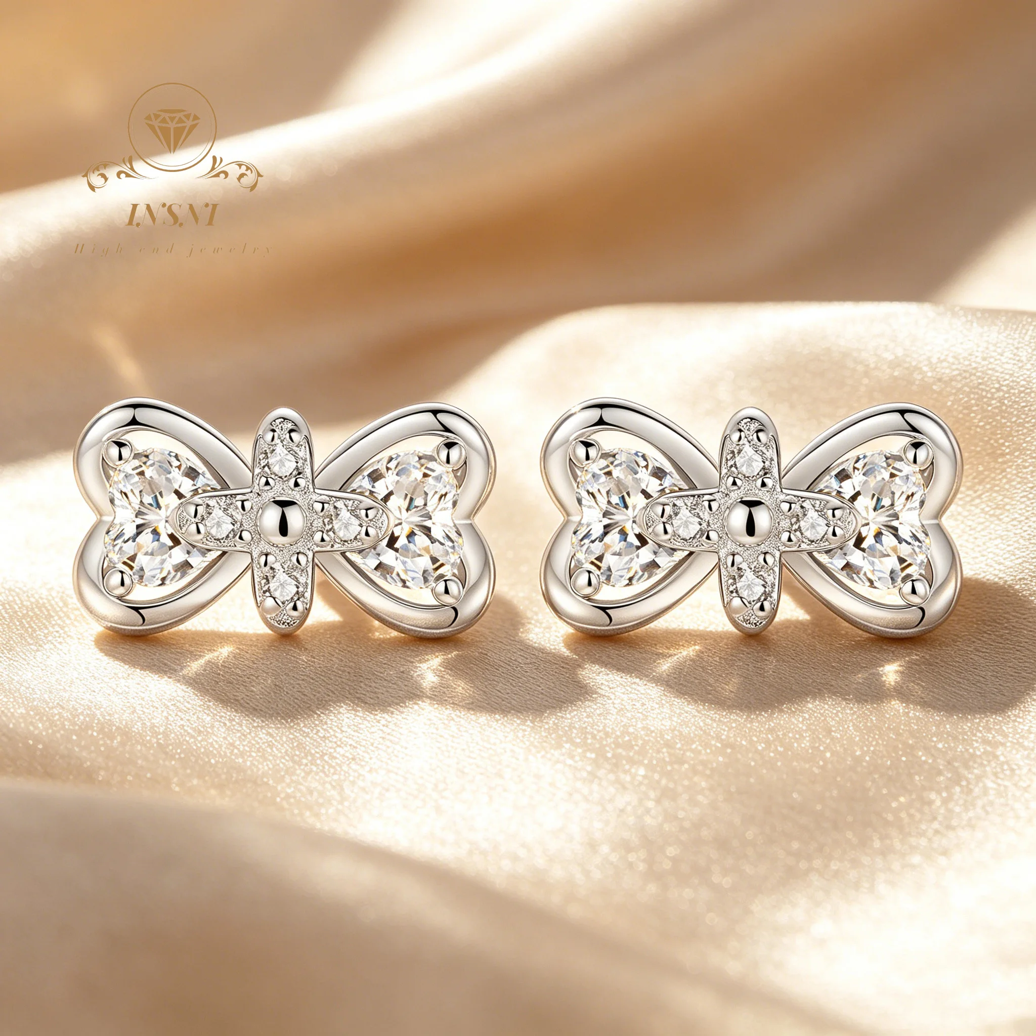 S925 Sterling Silver Ear Needle Bow Stud Earrings Ins Light Luxury Affordable Moissanite Heart-shaped Niche Jewelry Gift Commute
