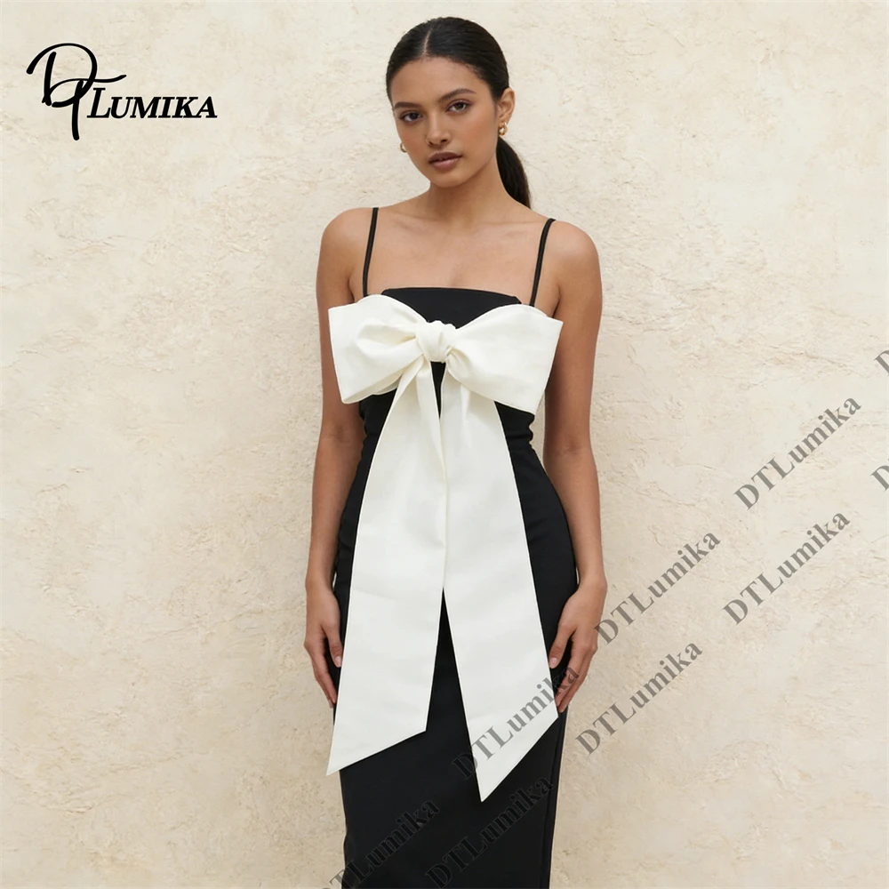 DTLumika Customized Satin Mermaid Gown Oversized Bow Spaghetti Straps Chic Black White Cocktail Dress Wedding Guest Prom Party
