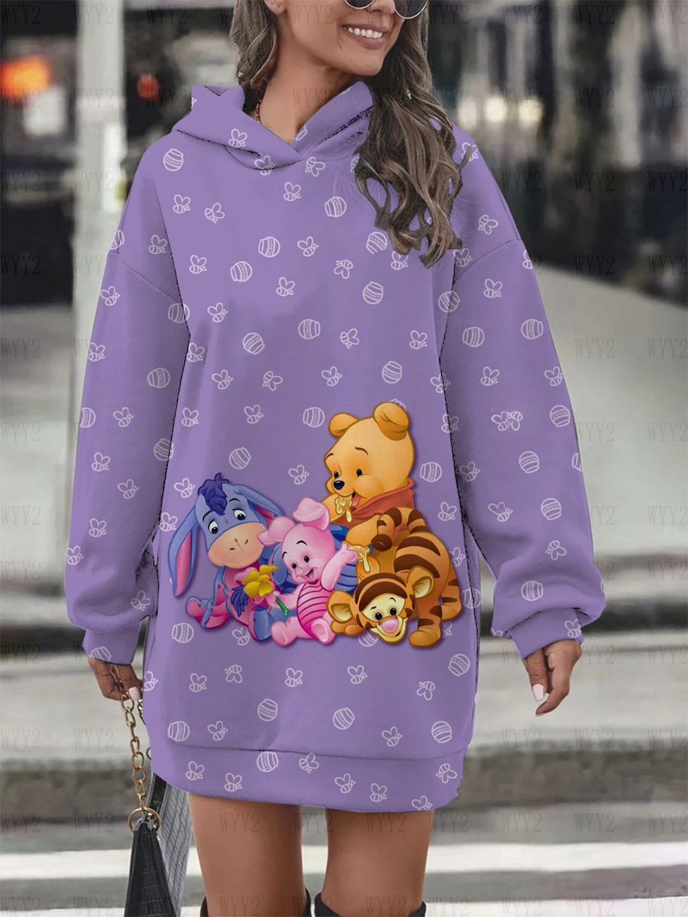 New Women\'s Sweatshirts Women\'s Long Cute Hoodie Disney Winnie the Pooh Print Hoodie Women\'s Hoodie Dress Casual Tops