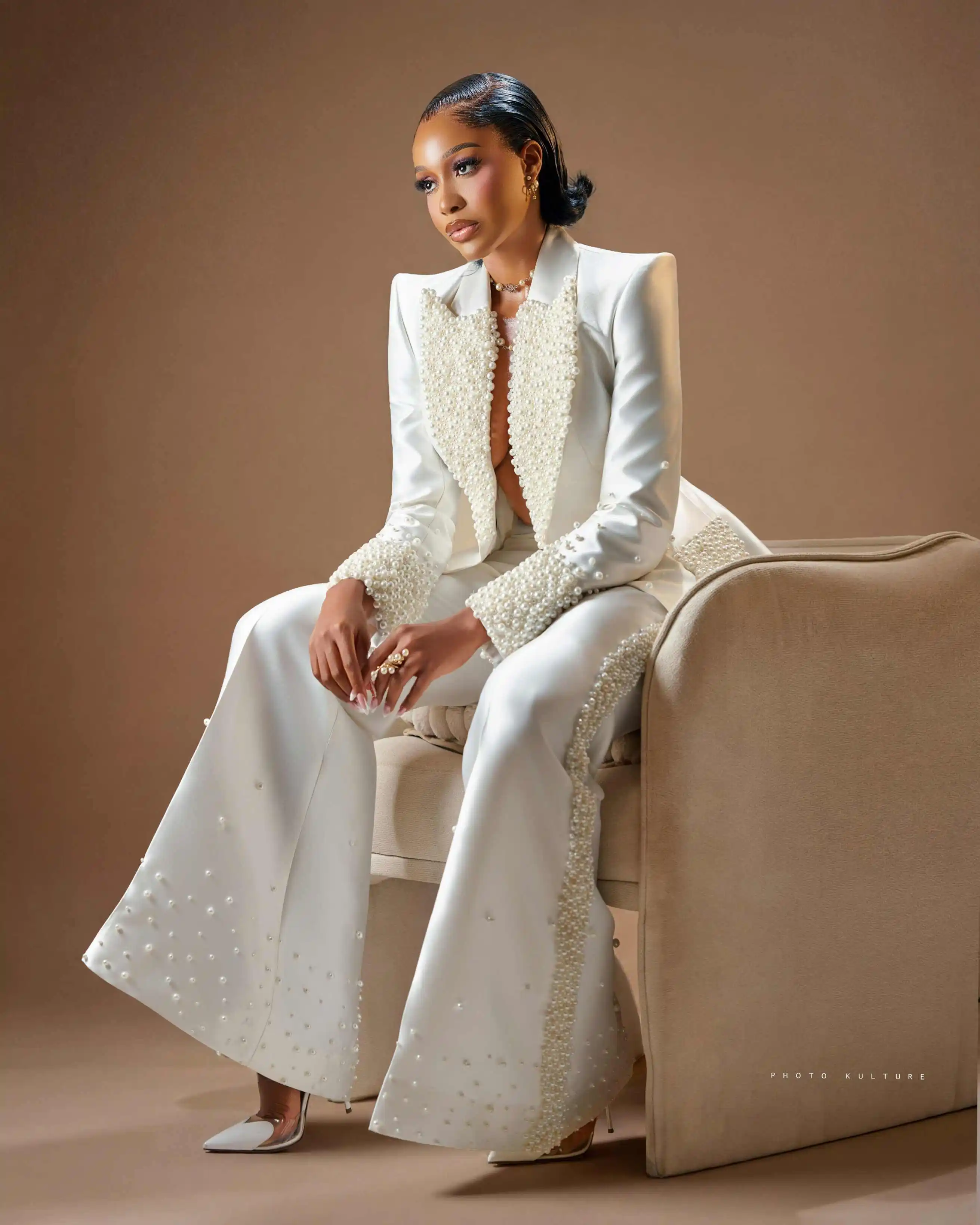 Slim Fit Women Blazer Dress Sets Customized Big Pearls Beading Girls Prom Evening Guest Formal Wear Photography 2 Pieces