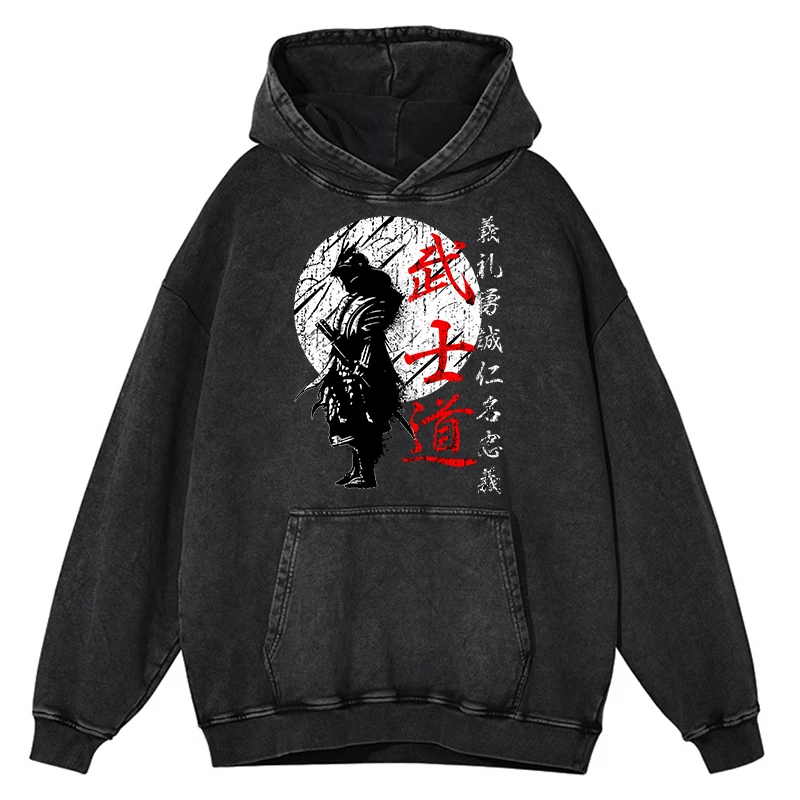 

Retro Distressed Wash Japan Samurai Spirit Bushido Hoodie Men Pullovers Hoody Loose Hip Hop Streetwear Casual Couple Hoodie