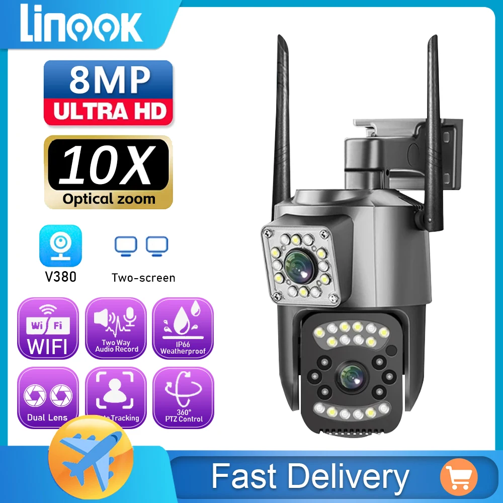 Linook, V380 Pro, 4K 8MP, câmera de segurança IP externa sem fio CCTV, câmera WIFI, lente dupla alarme de rastreamento de movimento de 360 graus