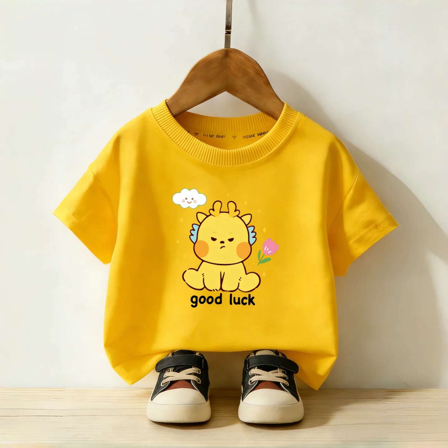 Children's Cartoon Dragon Super Beautiful Printed T-shirt for Boys and Girls, Summer Round Neck Top, Base Shirt Trend