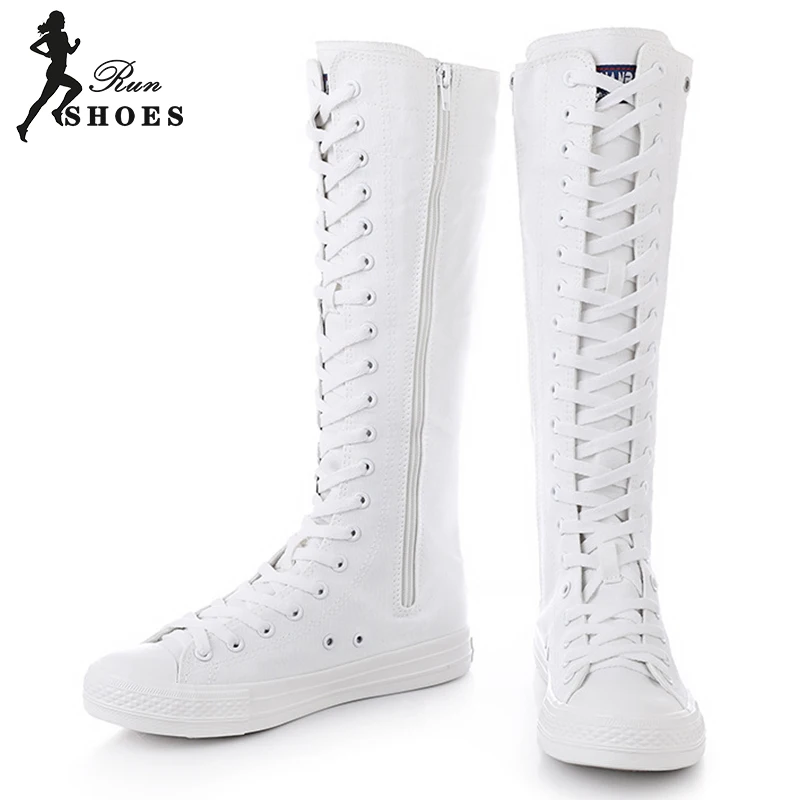 Cheerleaders Dance Boots Women Casual High Top Hollow Out Riser Vent Shoes Long Lace-Up Zipper Canvas Round Toe Sport Boots