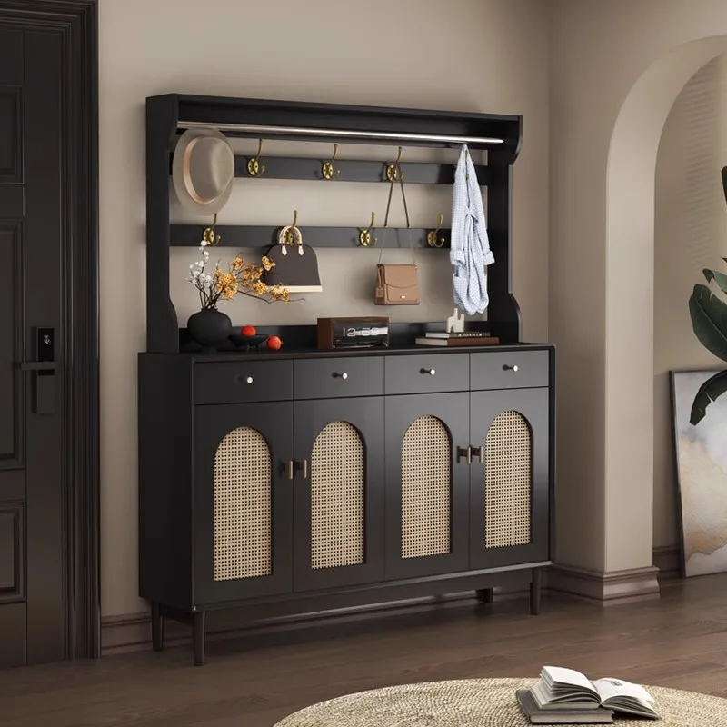 Medieval Rattan Shoe Cabinet Indoor Solid Wood Household Door Entrance Entrance Entrance Cabinet Integrated Retro Storage Cabine
