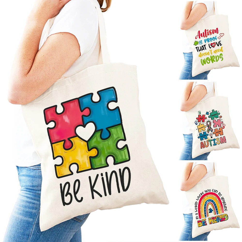 

Casual Kind Puzzle Lady Shopper Bags Warm Heart Women Daily Use Shoulder Handbag Double Print Colorful Rainbow Girl Shopping Bag