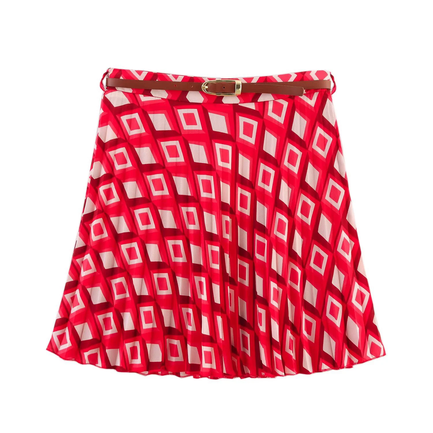 2025 ฤดูร้อนสินค้าใหม่แฟชั่นสไตล์เรขาคณิตพิมพ์เสื้อแขนยาวพร้อมเข็มขัดกระโปรงมินิ