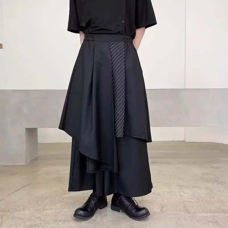 Summer Yamamoto Style Dark Stripes Contrasting Color Irregular Loose Wide-leg Pants Men's Nine-point Pants Skirts Trendy