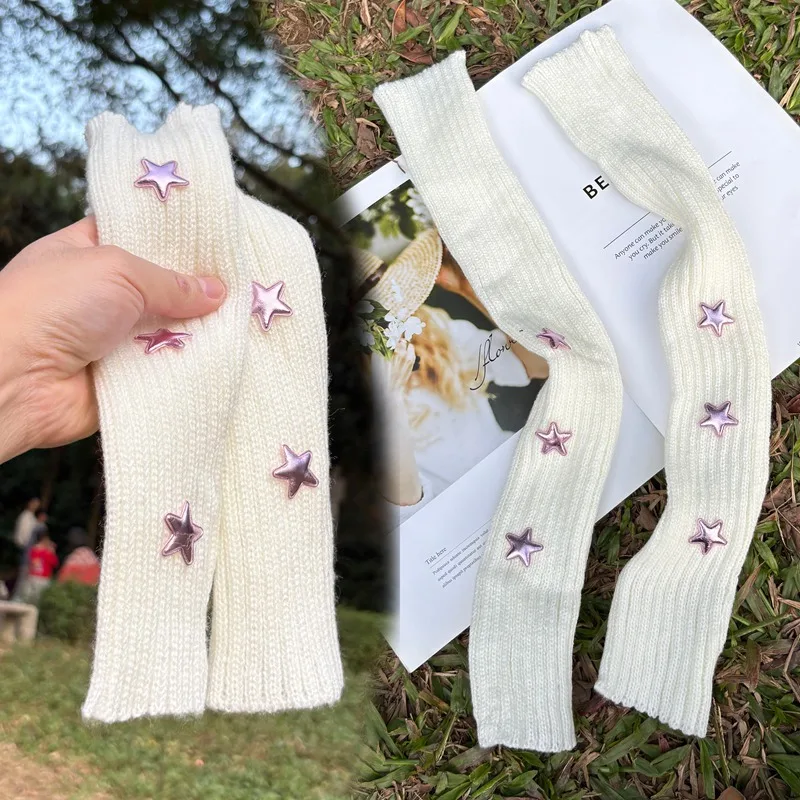 Women Star Decoration Knitted Fingerless Gloves Arm Sleeves Gothic Style Long Arm Warmers Girl Harajuku Y2K Fashion Wrist Gloves