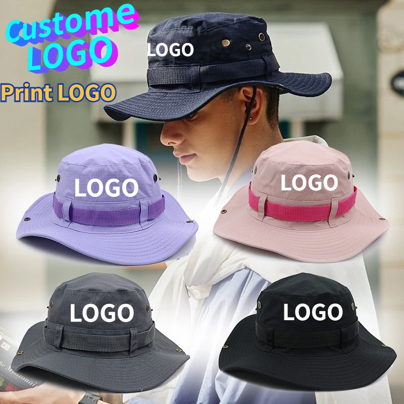 

Custom Print Logo Outdoor Sunscreen Big Eaves Camping Bucket Hat Men and Women Denim Sunshade Drawstring Breathable Fishing Cap