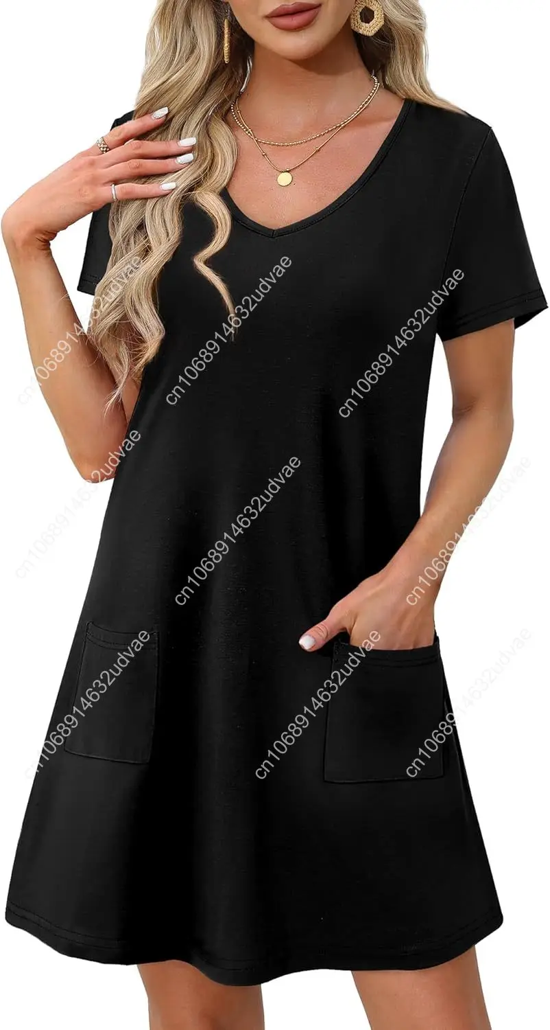 Robes d'été pour femmes, ample, col en V, manches courtes, t-shirt décontracté, robes d'été, couverture de maillot de bain avec poches, 2025