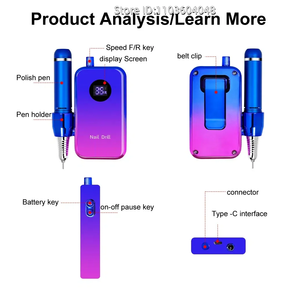 Trapano per unghie ricaricabile da 35000 giri/min con Display LCD Set di accessori per unghie per smerigliatrice professionale a basso rumore per smalto