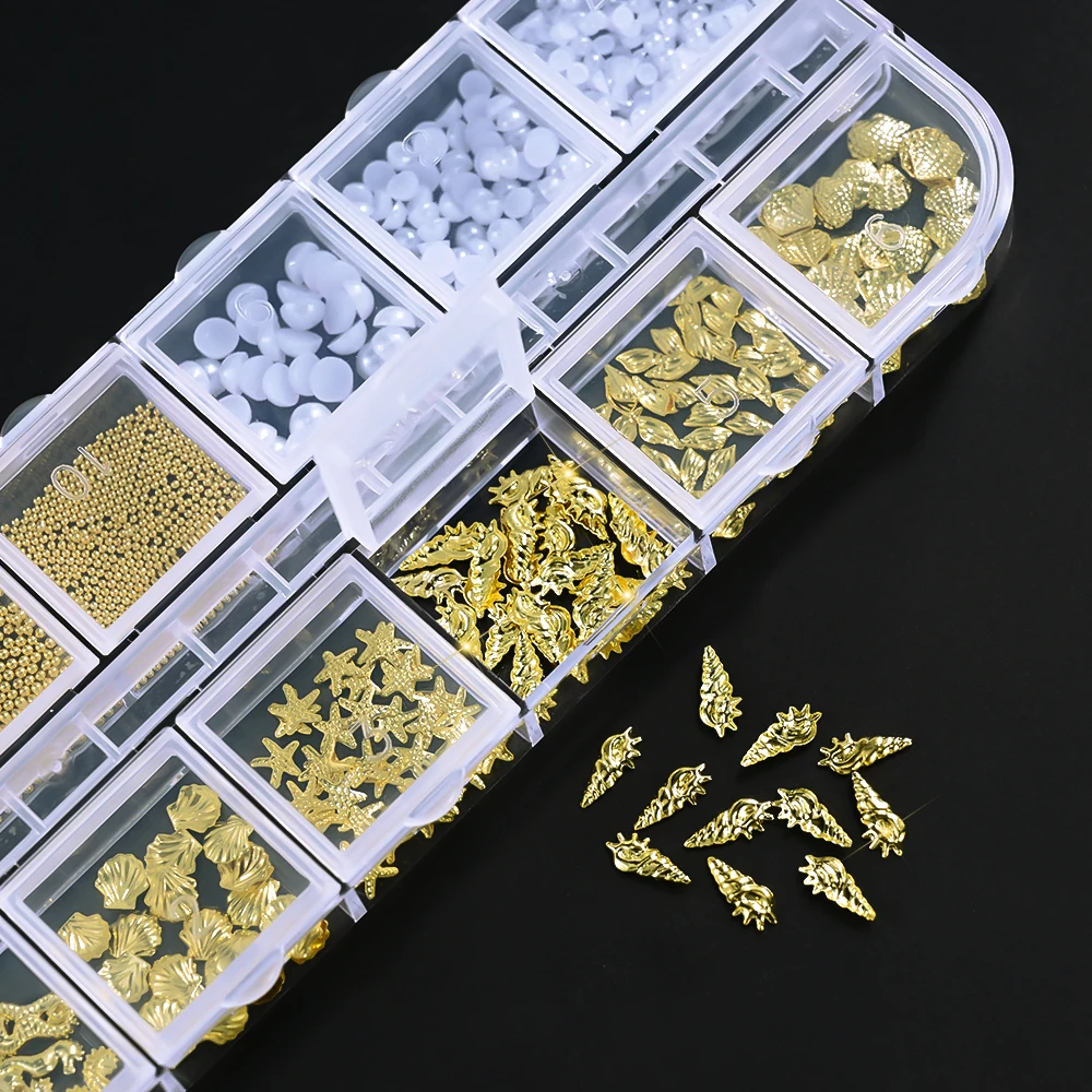 12Pc/Box 3D Metal Ocean Theme Nail Art Charms Shell Starfish Seahorse Caviar Beads Alloy Nail Jewelry DIY White pearl Nail Parts