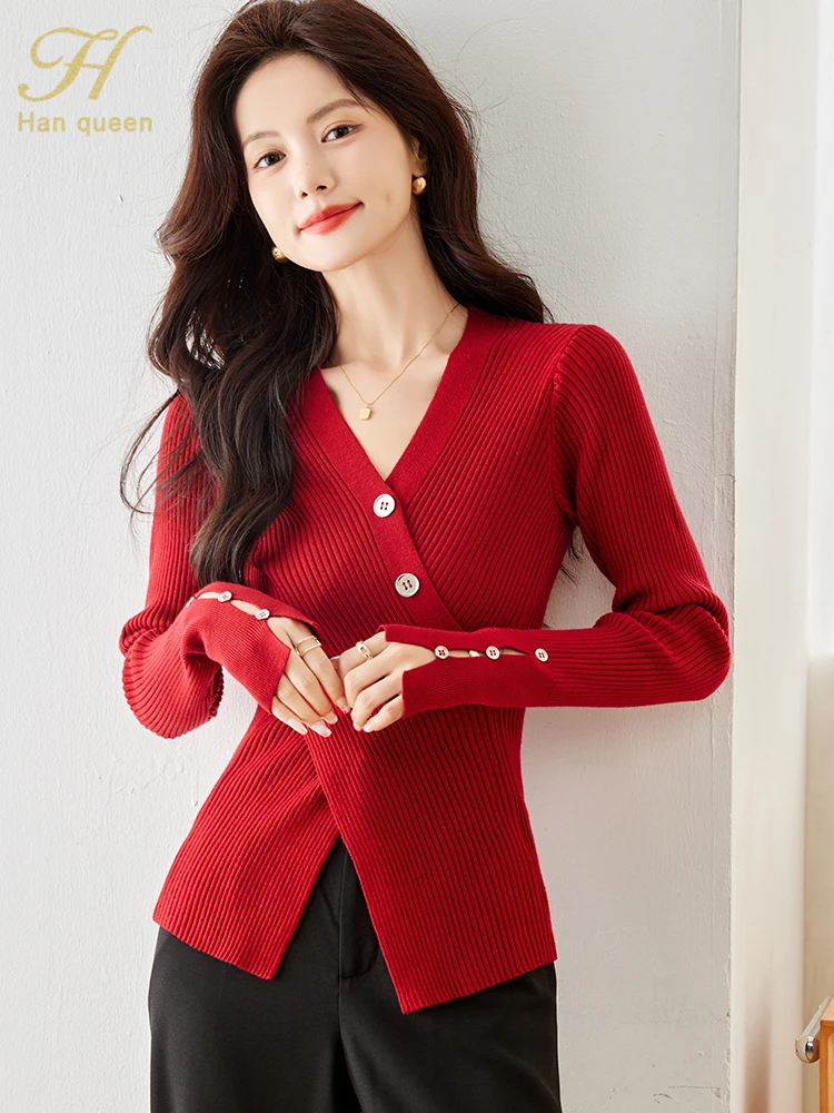 H Han Queen Autumn Winner Fashion V-Neck Vintage Red Pullover Sweater Womens Vintage Casual Tops Women Basic Knitted Pullovers