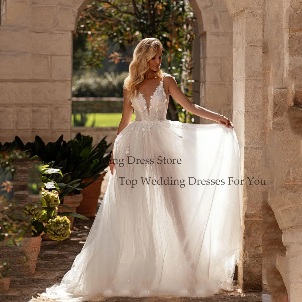 

MCDV Boho A-Line Tulle Wedding Dresses Backless Spaghetti Straps V-Neck Applique robe de mariée Beach Bride Gowns Customized