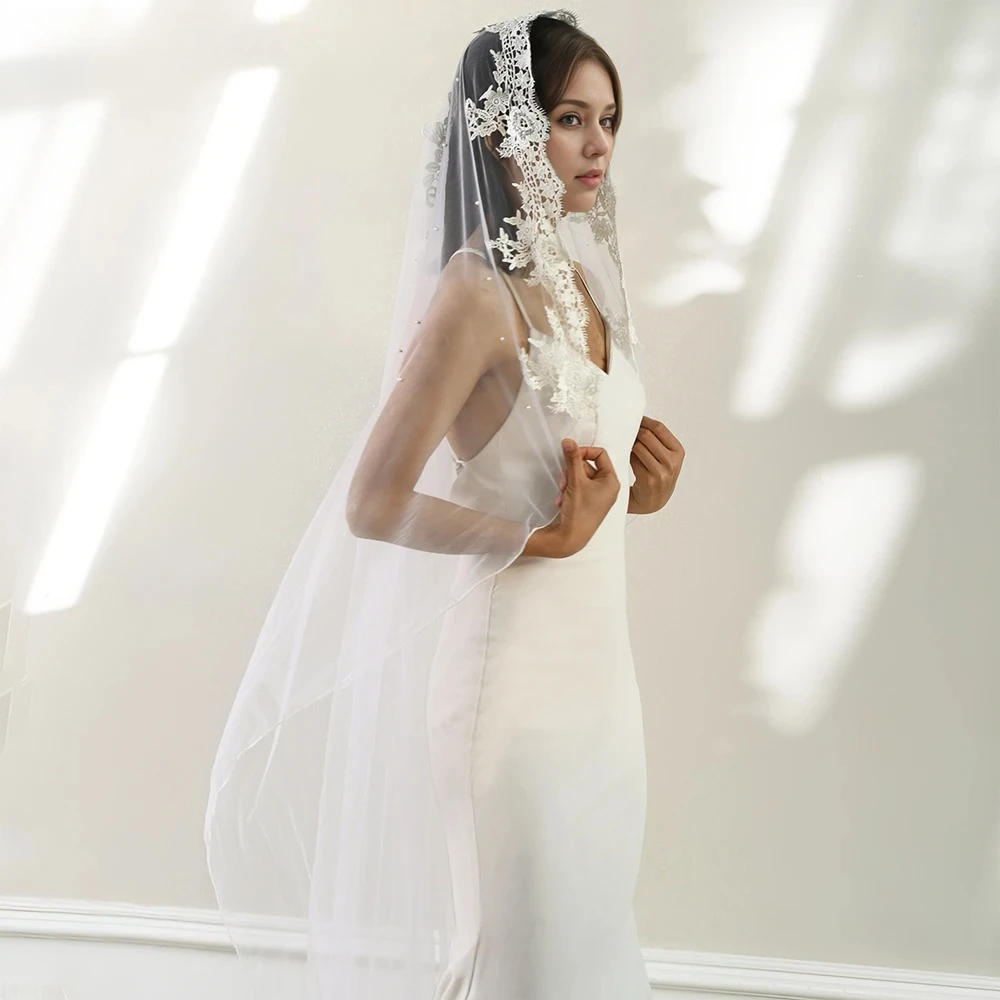 

Embroidered Pearl Decorated Bridal Veil Chapel Wedding Accessory White Soft Tulle Women's Wedding Dress veils