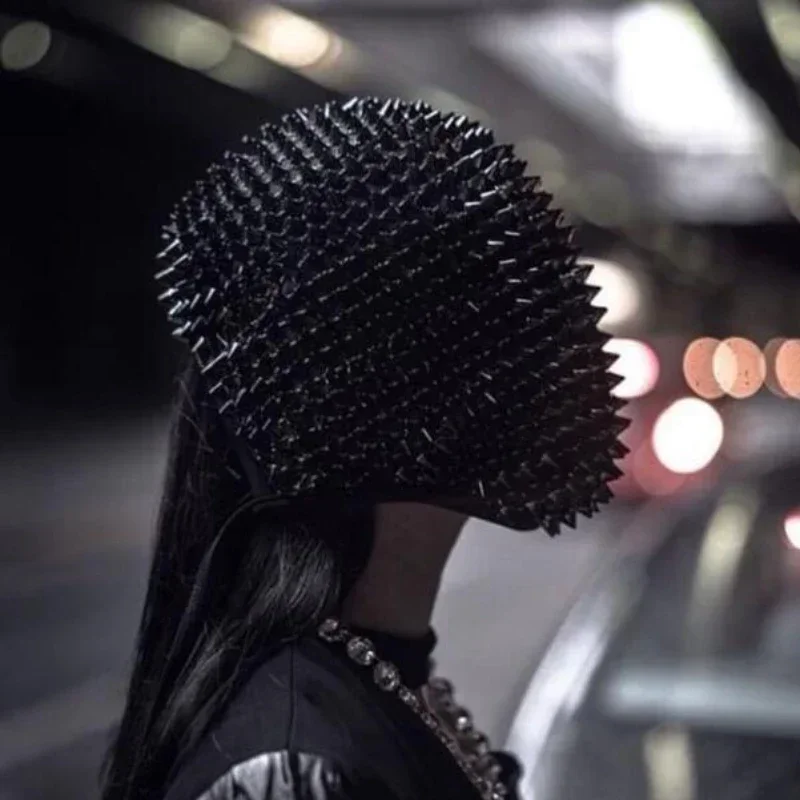 Harajuku Punk Style Cosplay Night Club Dance Mask Hedgehog Headcover Thorn Bar DJ Performance Rivet Rhinestones Spikes Party