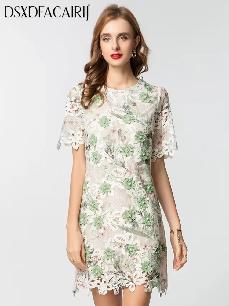 

DSXDFACAIRIJ Women's O-Neck Hollow out Beading Appliques Dress Short Sleeves Vintage Print Summer Fashion Female Clothing