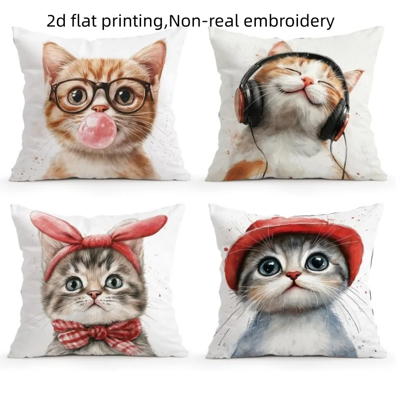 4pcs Cute Funny Cat Throw Pillow Covers, Realistic Kitten with Headphones Glasses Print Cushion Cases, Cat Lover Decor
