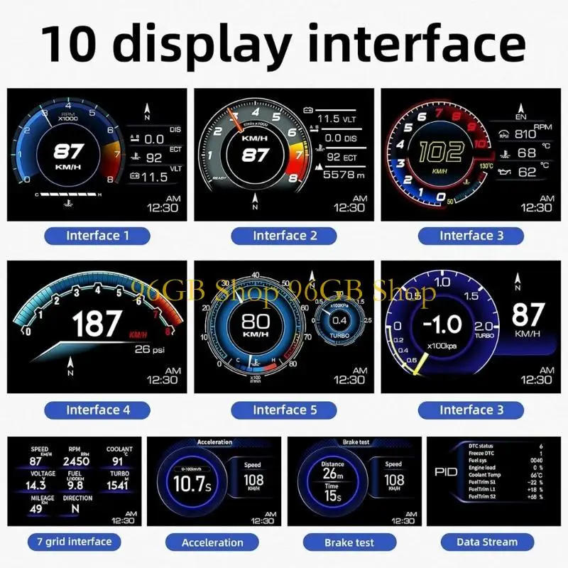 96GB HUD Instrument OBD Diagnostic Tool Speed Tracking Multiple Visual Themes