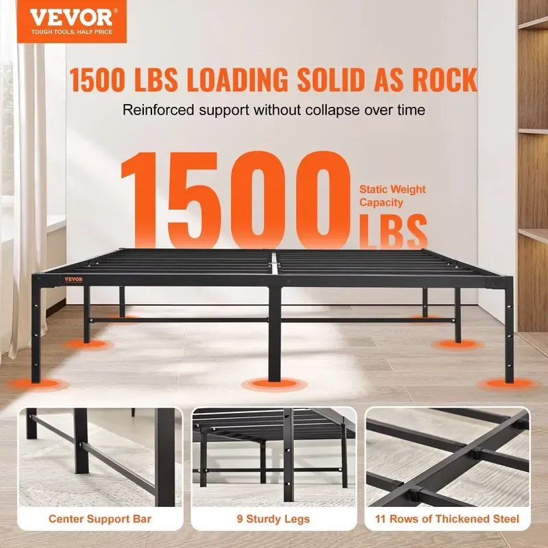 14 Inch Queen Metal Bed Frame Platform, No Box Spring Needed, 1500 Lbs Loading Capacity Embedded Heavy Mattress