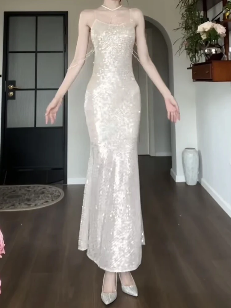Good Job Long Flowing Silver Gown Luxury Sequin Tailored Dress Birthday Party Formal Dress Future Sensation Midi Dress