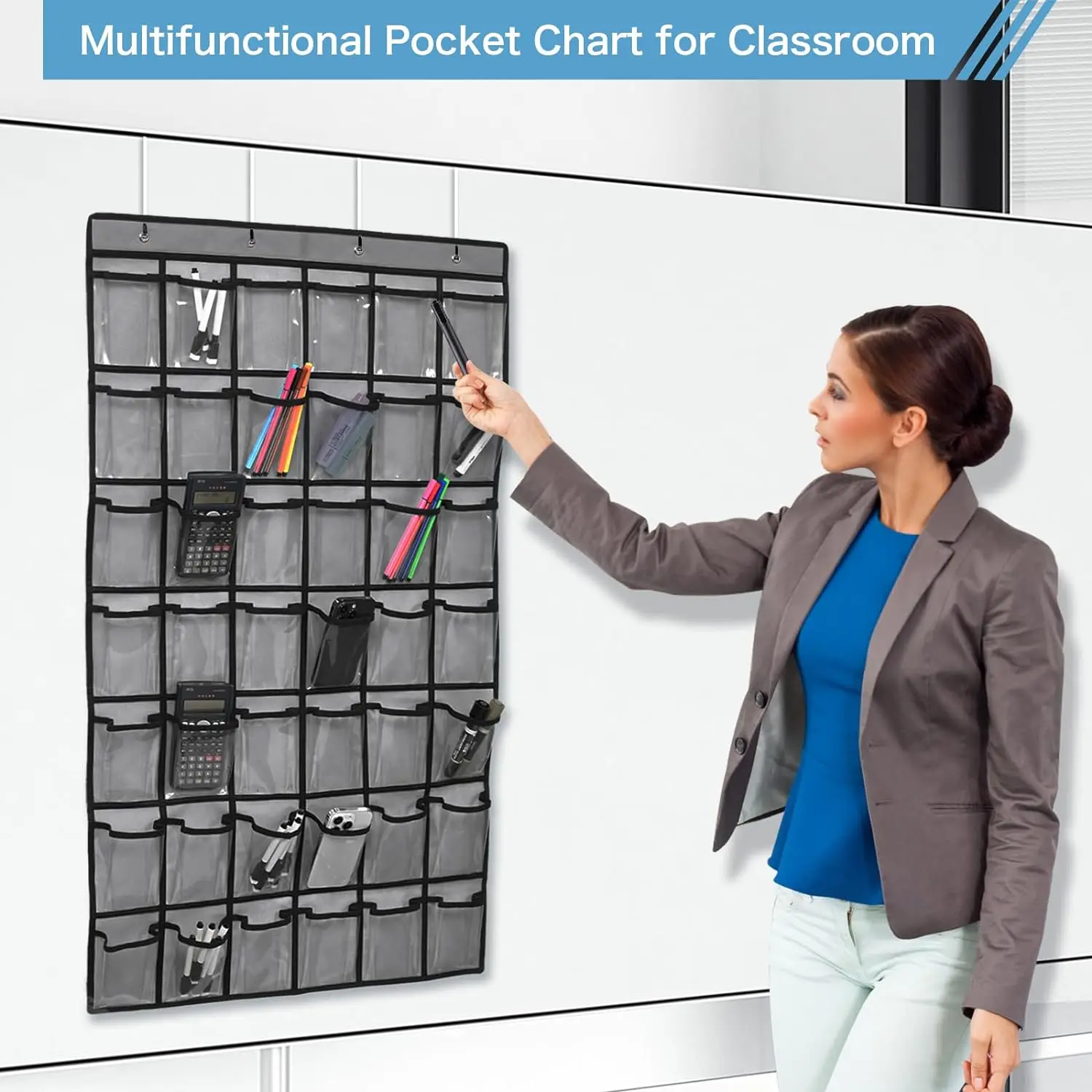 42 Pocket Classroom Pocket Chart for Cell Phones and Calculator Clear Cellphone Pocket Chart for Classroom with Hooks