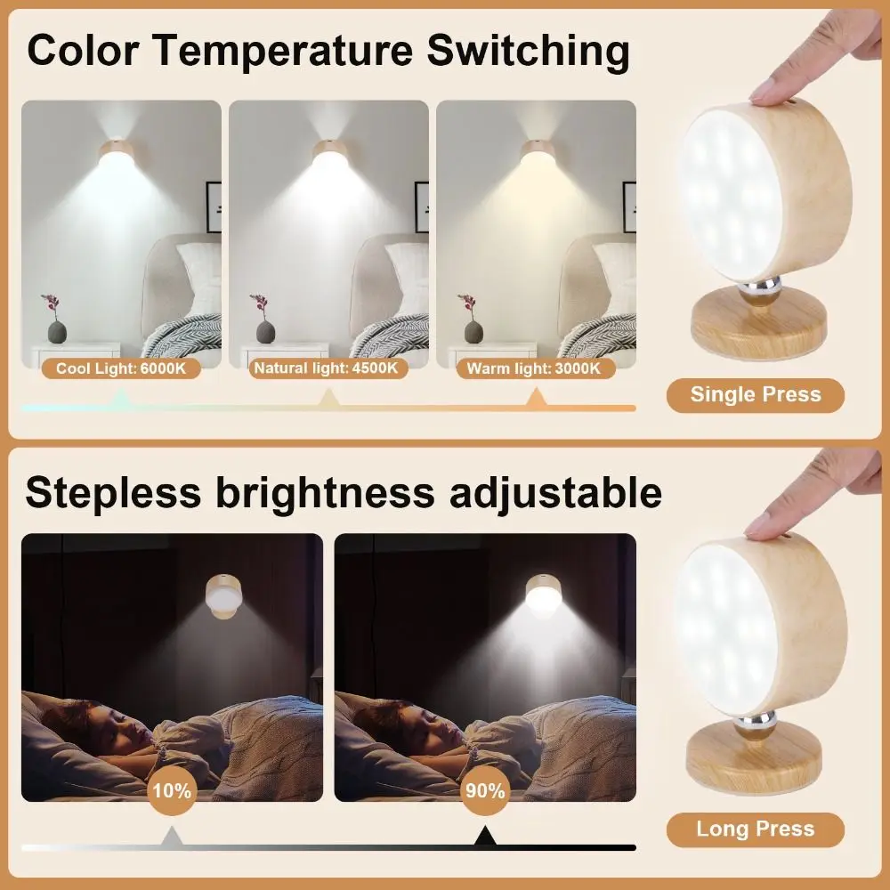 

360° Rotating Wooden Wall Mounted Lamp Dimmable Touch Control LED Wall Sconce Magnetic Mountin Double-sided Touch Control Light