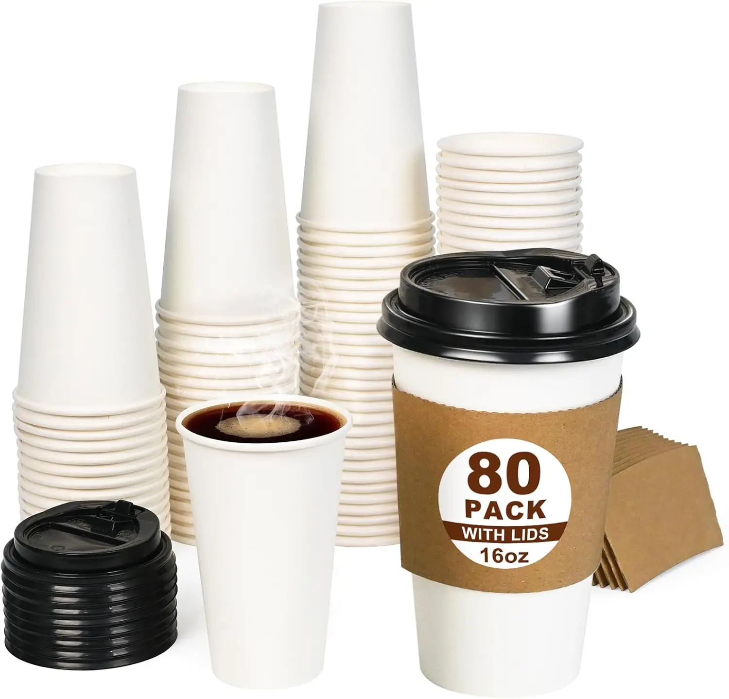 

16 oz Heavy Duty Coffee Cups with Lids, Sleeves & Labels–80 Pack Disposable Paper To Go Cups, for Hot/Cold Beverage, Of