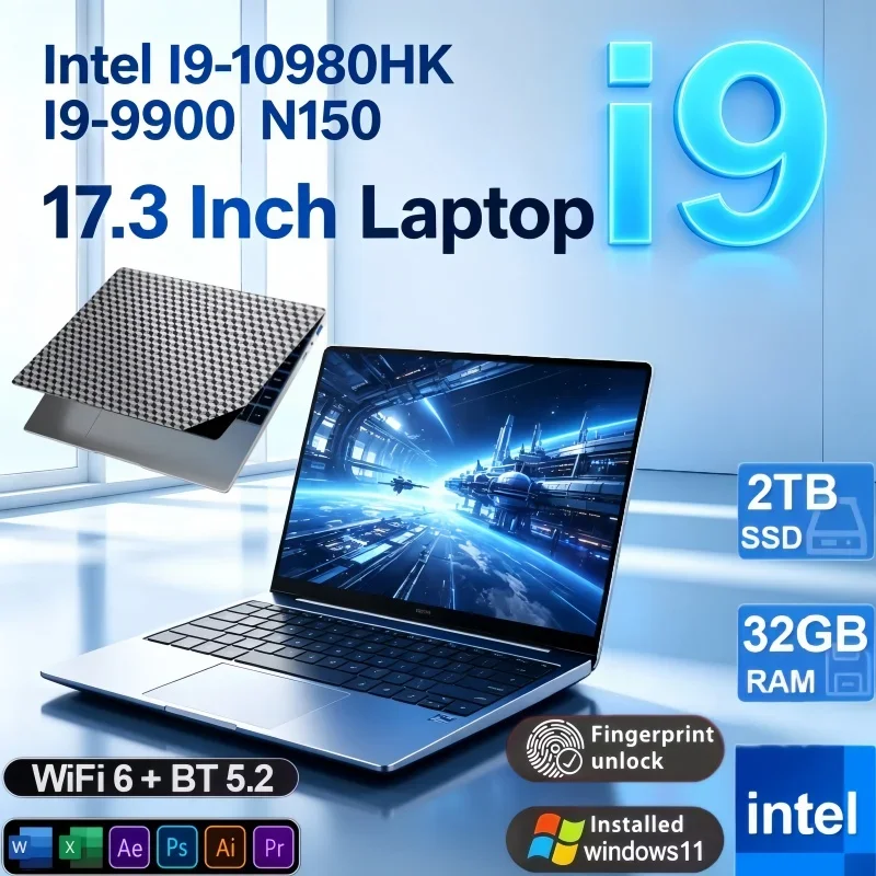 17.3'' Large Display Notebook Intel I9‑10980HK I9‑9900 N150 Win11 32GB Large Memory 2TB SSD 4K Screen Fingerprint Lock WiFi‑6