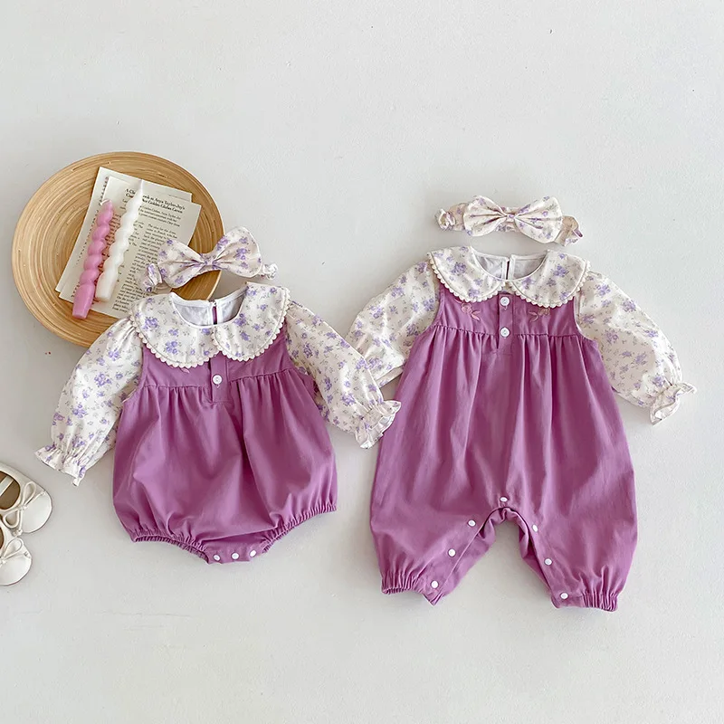 

2025 Fall Baby Girl Outfit Sweet Korean Style Sleeveless Romper + Floral Top Blouse Set 0-24 Months​ Sister Matching Clothes
