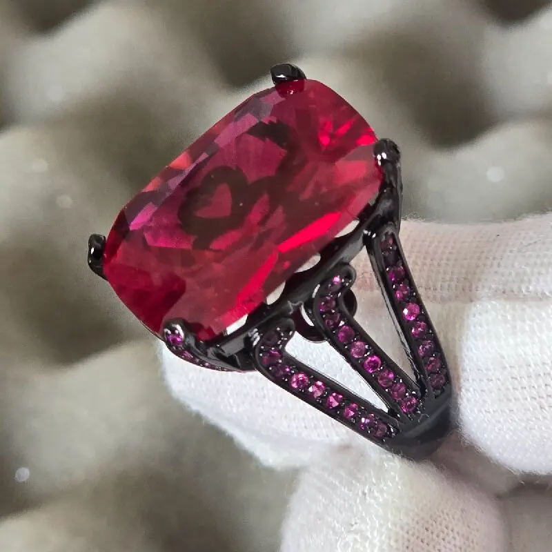 KQDANCE  Large Artificial Cushion Cut Ruby Red Corundum Gemstone Black Gold plated Ring For Women Jewelry